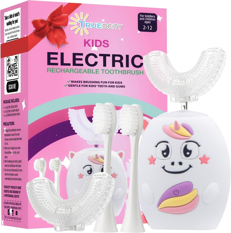 Trueocity Kids U Shape Toothbrush Auto Electric Toddler Rechargeable Kids Automatic Toothbrush | 360° U-Shaped Silicone Brush Head | Gentle Cleaning for Ages 2–7 | Unicorn Design (Pink) - Image 1